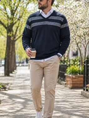 Grayson & Dunn 100% Cotton Navy V-Neck Sweater Men’s Gray Stripe Classic Preppy